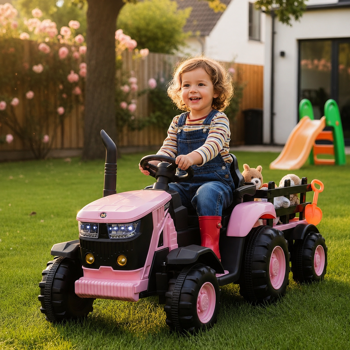 Turbo Harvest 12V Electric Ride On Tractor with Trailer Pink - BATTERY OPERATED RIDE ONS - Beattys of Loughrea