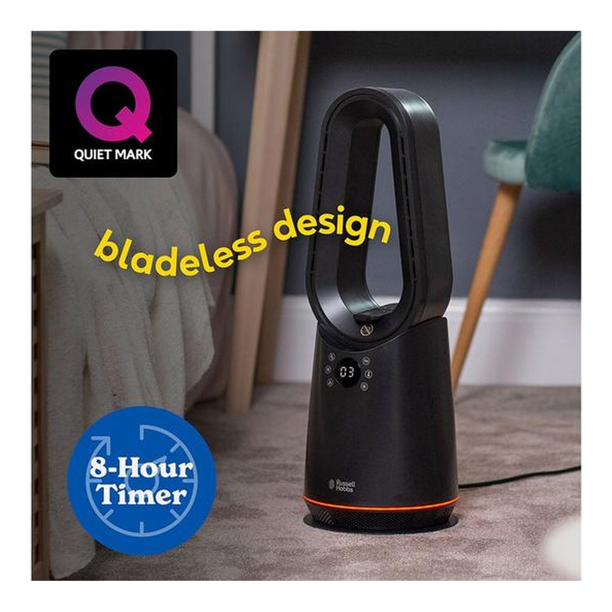 Russell Hobbs RHCBLDL3IN1B Bladeless Hot and Cool Tower Fan Heater, Black