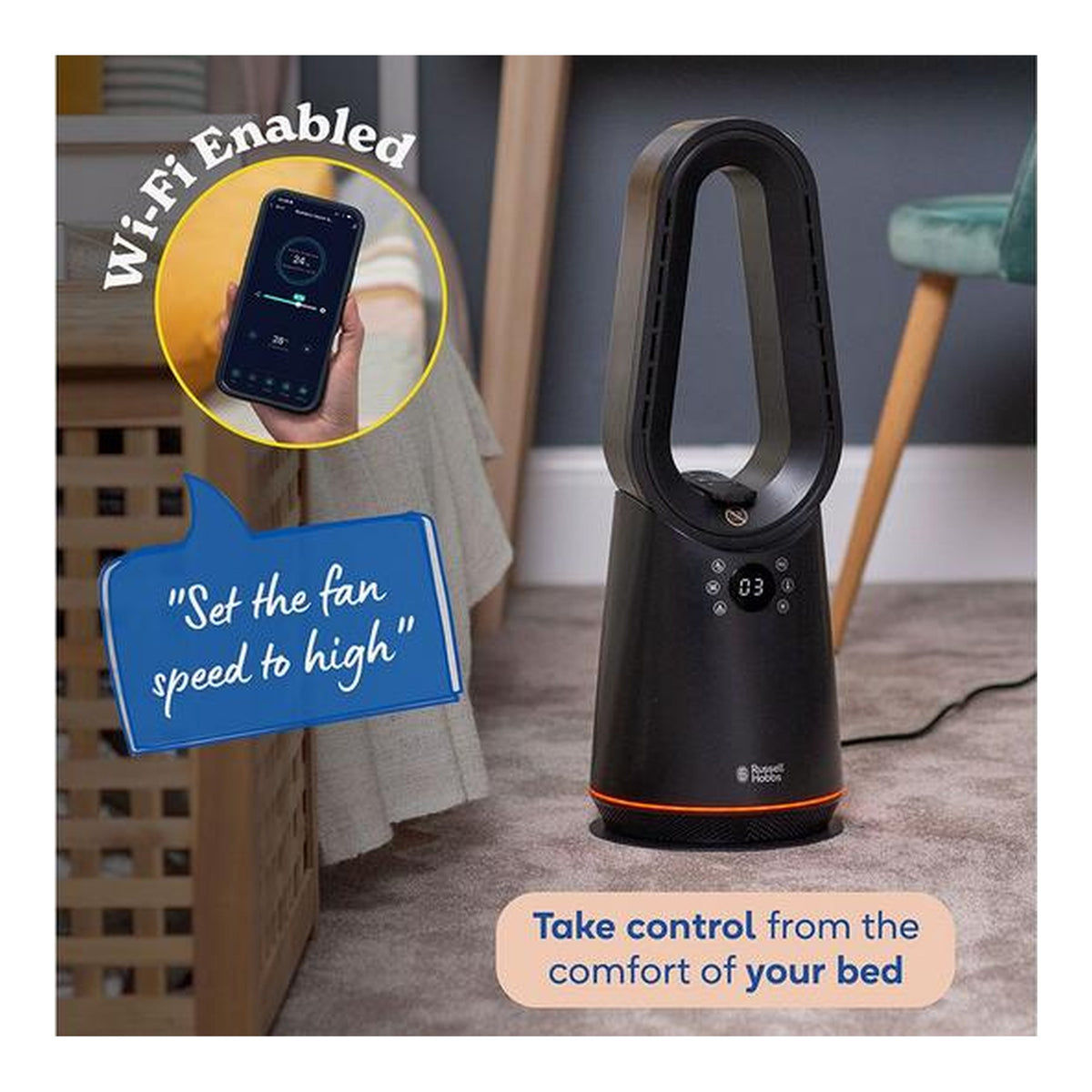 Russell Hobbs RHCBLDL3IN1B Bladeless Hot and Cool Tower Fan Heater, Black