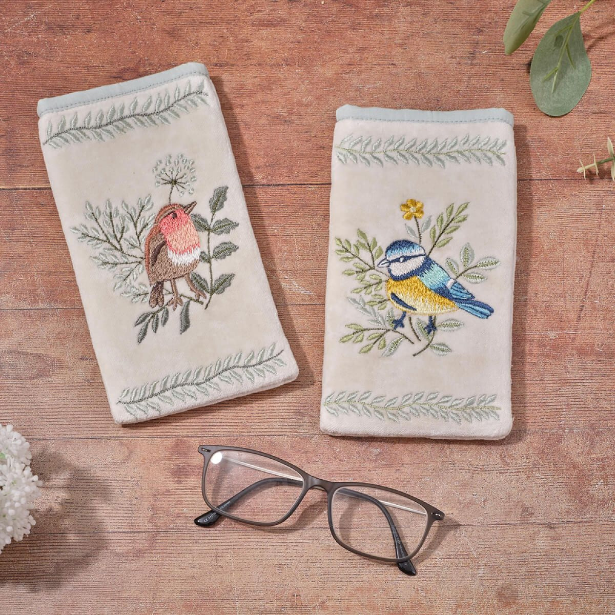 R13 BIRD SONG COTTON VELVET WITH GLASS BEADS ROBIN GLASSES CASE 4BS109