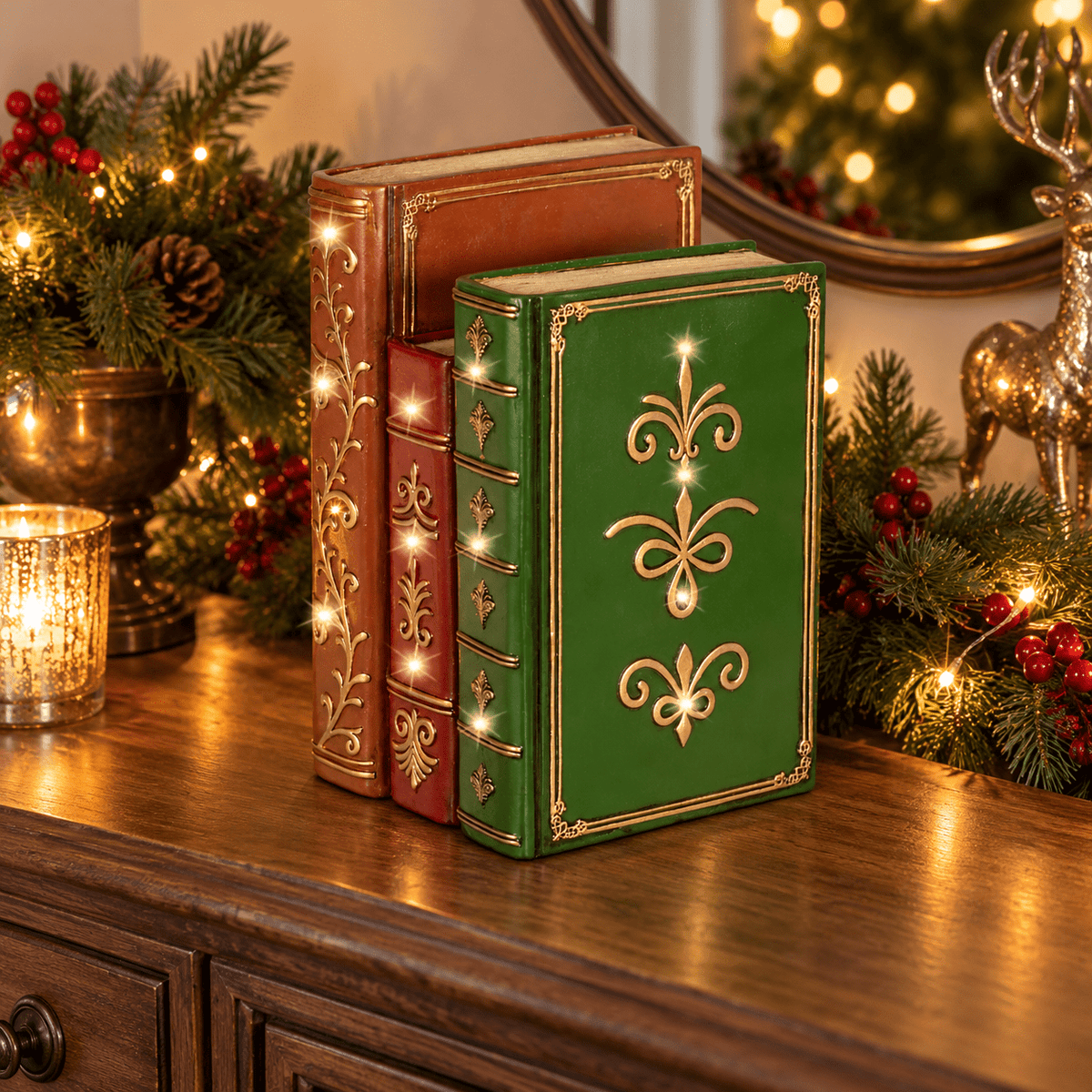 Decoris LED Stacked Books Decoration 27.5cm, Warm White - XMAS CERAMIC WOOD RESIN GLASS ORNAMENTS - Beattys of Loughrea