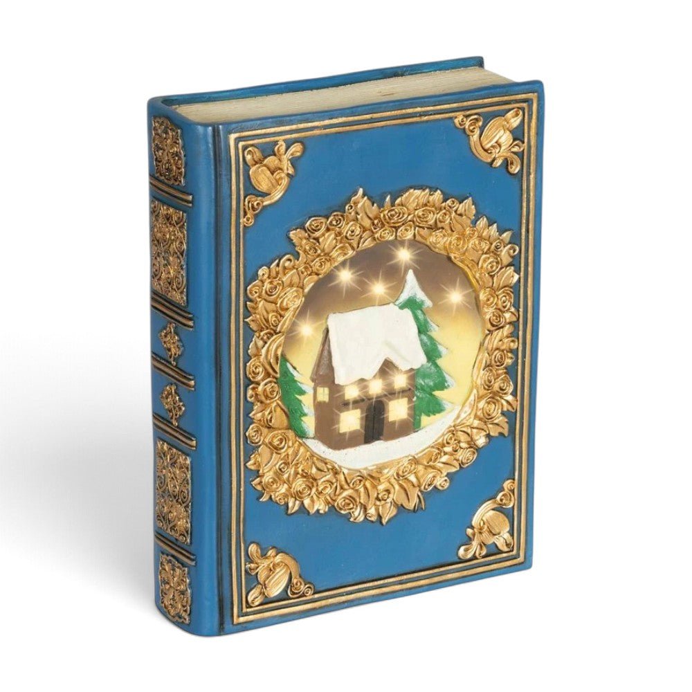 Decoris LED Blue Book with Snow Scene 23.5cm, Warm White - XMAS CERAMIC WOOD RESIN GLASS ORNAMENTS - Beattys of Loughrea