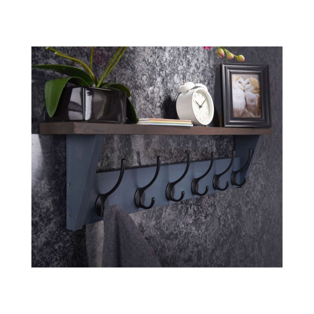 Oak & Grey Combo Shelf Unit – 6 Black Hooks (W 800 × H 200 × D 100 mm) - HAT & COAT HOOK ON TIMBER - Beattys of Loughrea