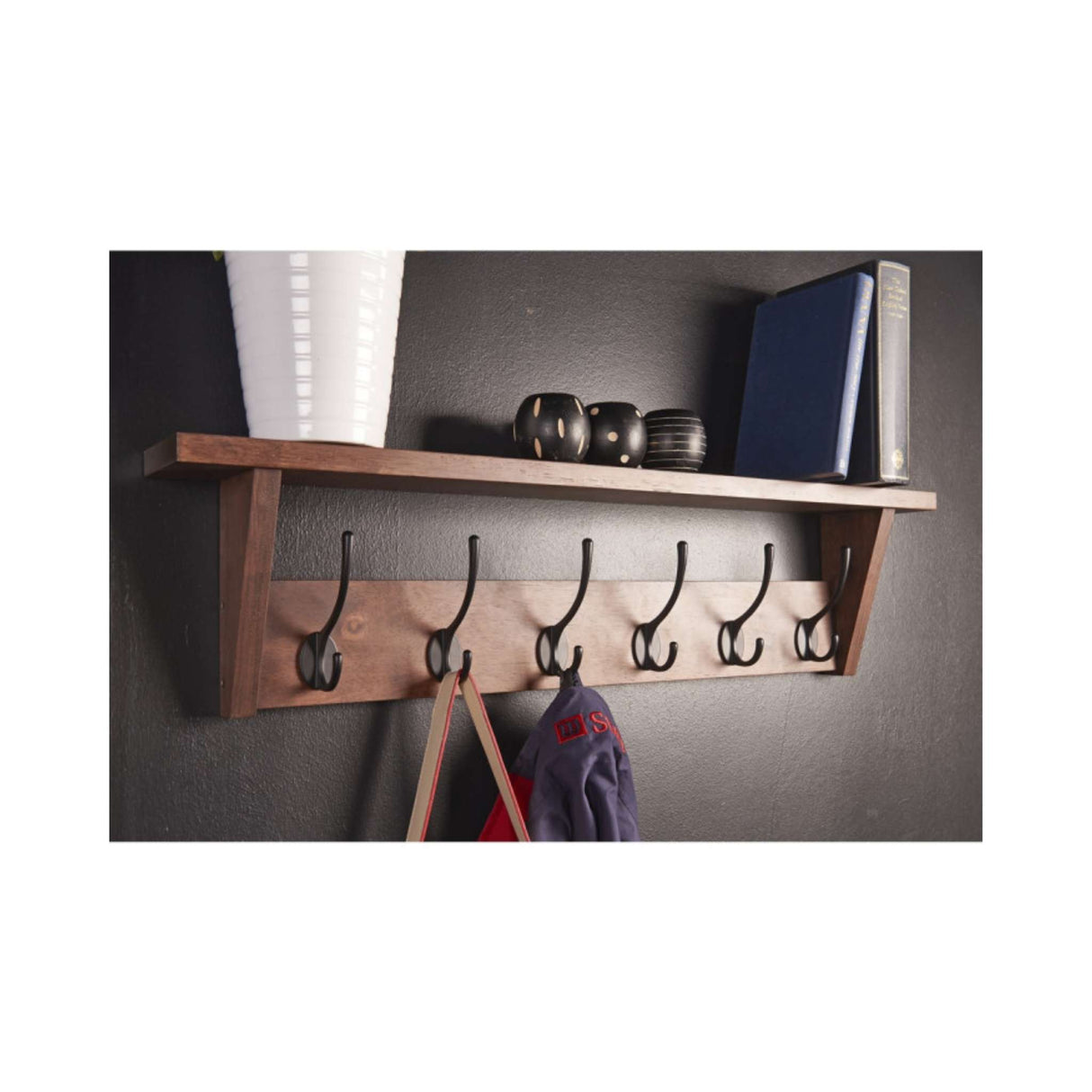 Black Hooks on Oak Shelf Unit – 6 Hooks with Wall Shelf (H 200 × W 800 × D 100 mm) - HAT & COAT HOOK ON TIMBER - Beattys of Loughrea