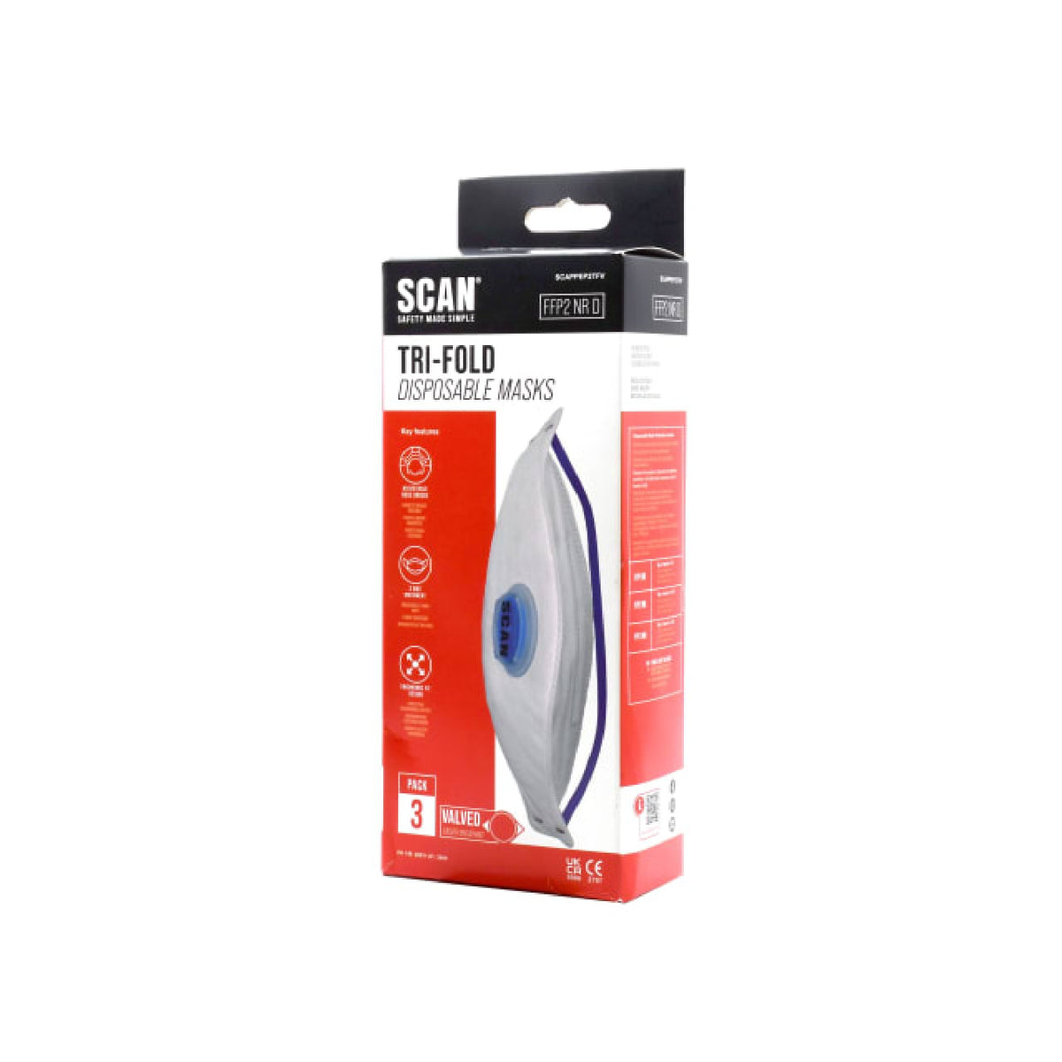Scan Tri-Fold Valved FFP2 Disposable Masks, Pack of 3