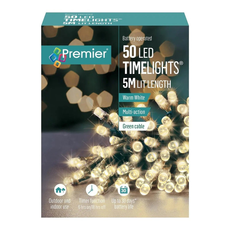 Premier Decorations 50 LED Multi-Action Battery-Operated Timelights - Warm White - XMAS BATTERY OPERATED LIGHTS - Beattys of Loughrea