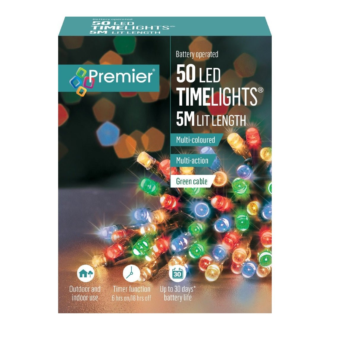 50Led Battery Operated Timer Coloured Xmas Lights Lb112382M - XMAS BATTERY OPERATED LIGHTS - Beattys of Loughrea