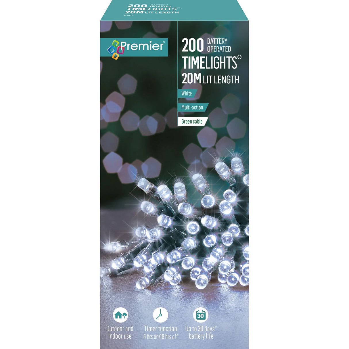 200Led Battery Operated White With Timer Xmas Lights Lb112384W - XMAS BATTERY OPERATED LIGHTS - Beattys of Loughrea