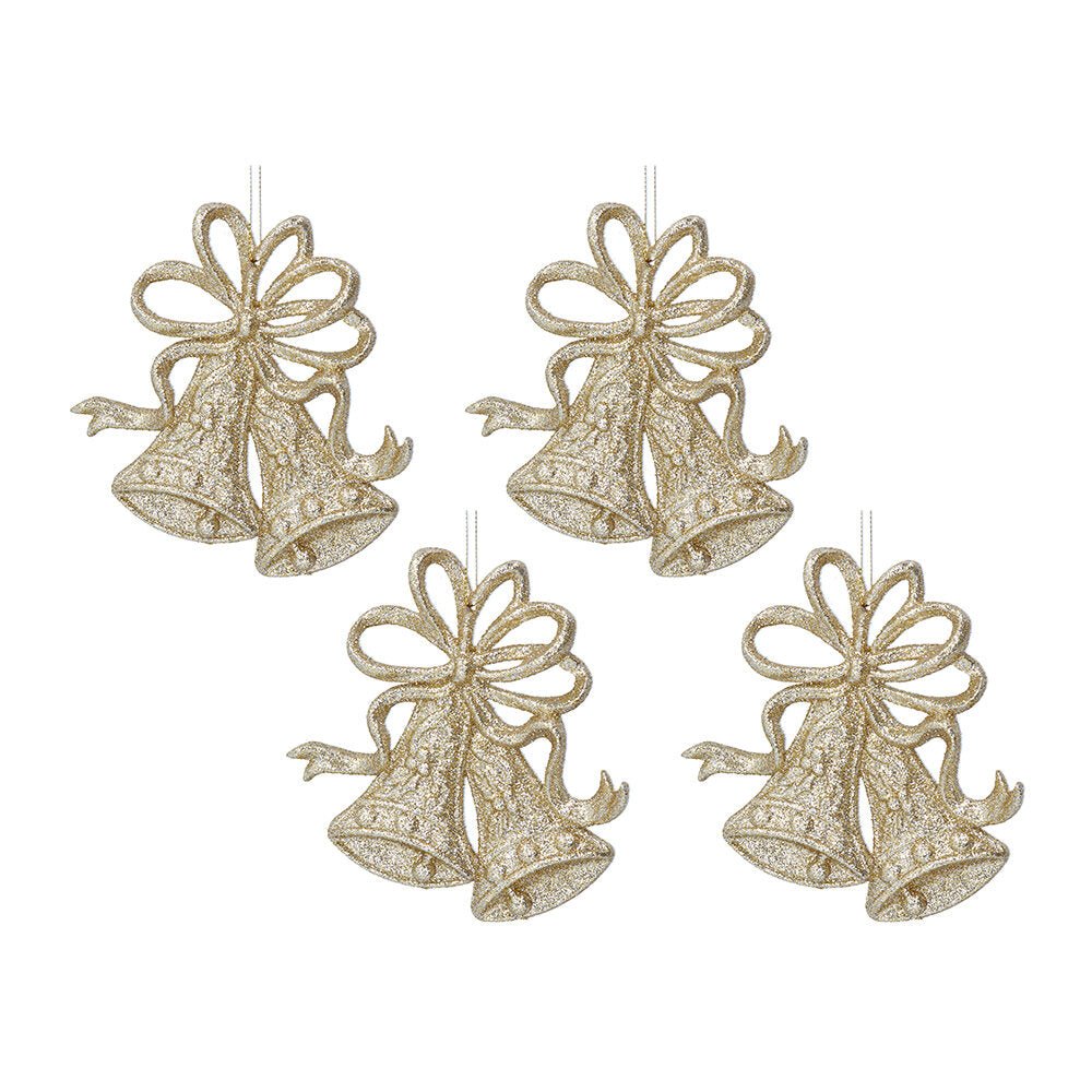 GOLD GLITTER DOUBLE BELL DECORATED - XMAS BAUBLES - Beattys of Loughrea