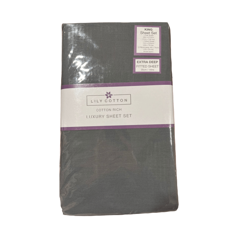 Lily Cotton Luxury Sheet Set Grey Kingsize - SHEETS/VALANCE/MATTRESS COVER - Beattys of Loughrea