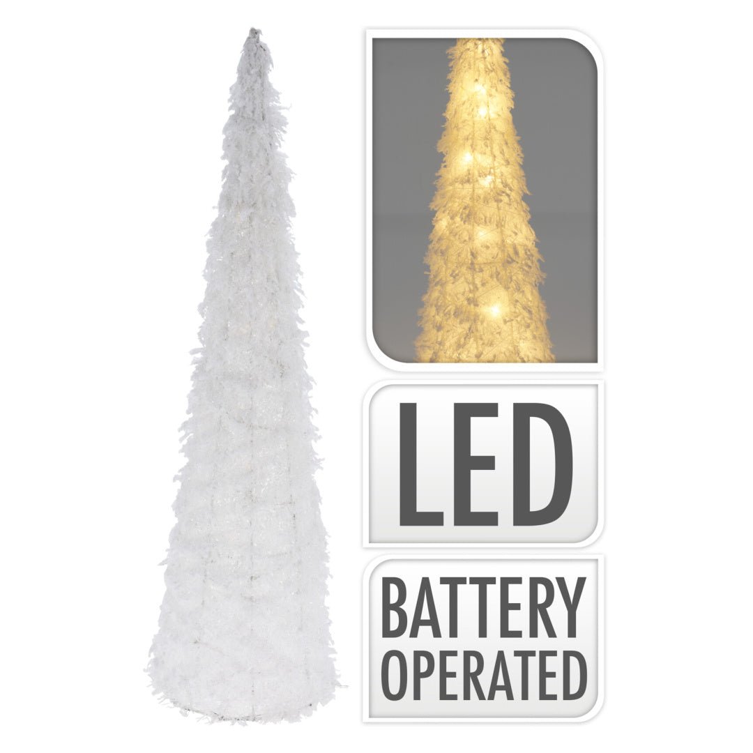 White Tinsel Cone with 15 LED 40cm - XMAS ROOM DECORATION LARGE AND LIGHT UP - Beattys of Loughrea