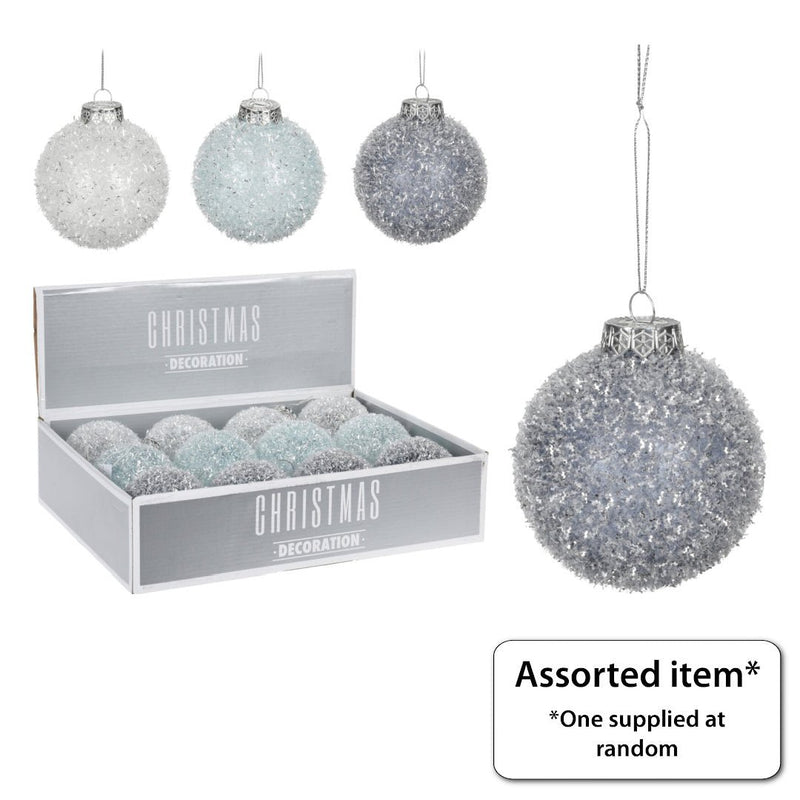Bauble with Fluffy Glitter 80mm - XMAS HANGING DECOS - Beattys of Loughrea