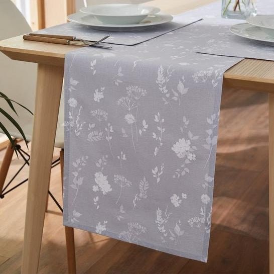 Catherine Lansfield Meadowsweet Floral 33 x 220cm Table Runner White/Grey - APRON/GLOVE/TEXTILE - Beattys of Loughrea