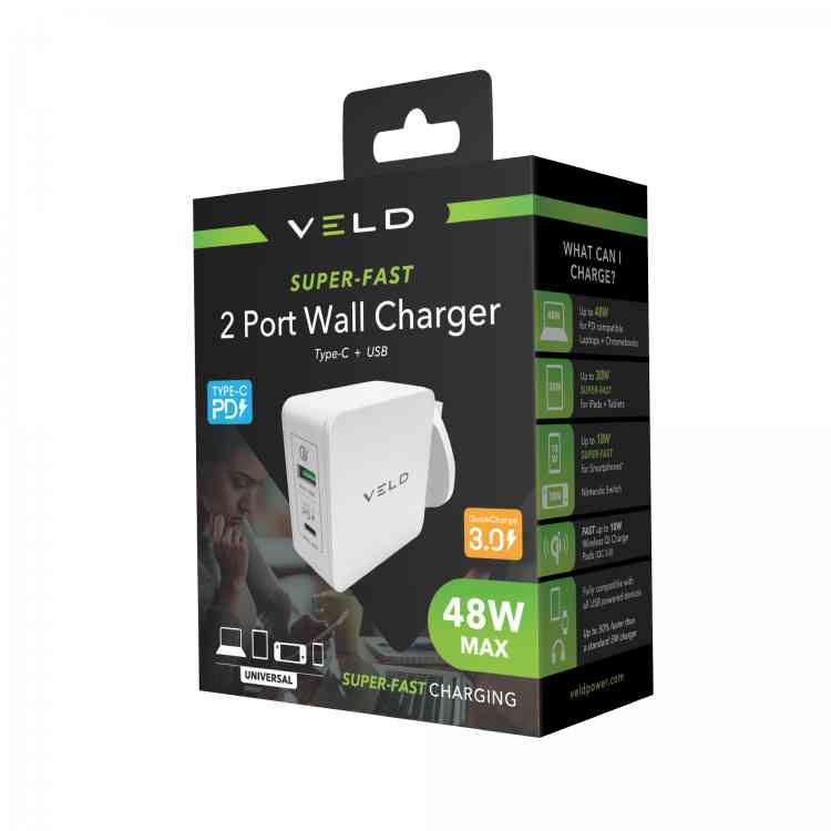 VELD VH48DW Super-Fast Wall Charger 48W 2 Port - BATTERY CHARGERS - Beattys of Loughrea