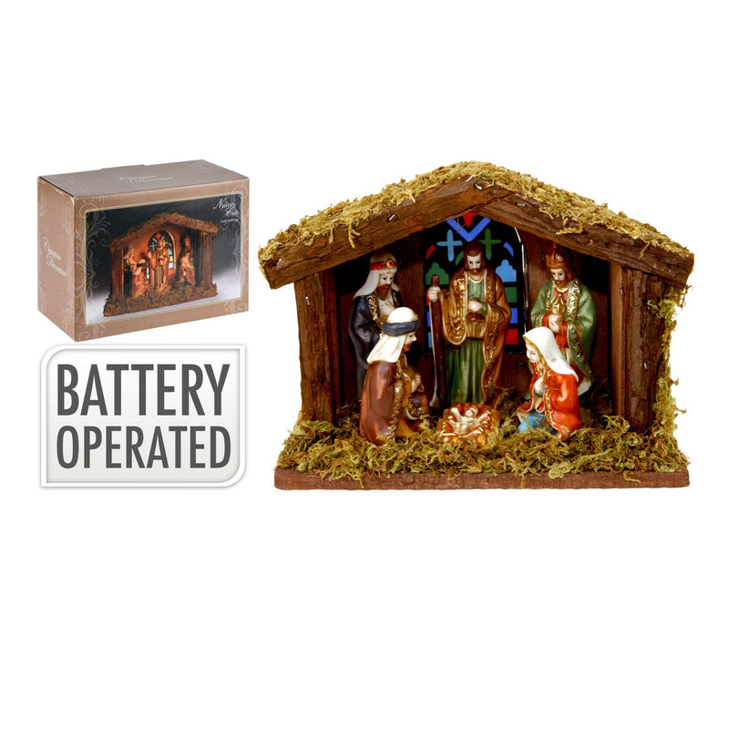 Illuminated Nativity Scene 20x15cm AAA107000 Battery Operated - XMAS CERAMIC WOOD RESIN GLASS ORNAMENTS - Beattys of Loughrea