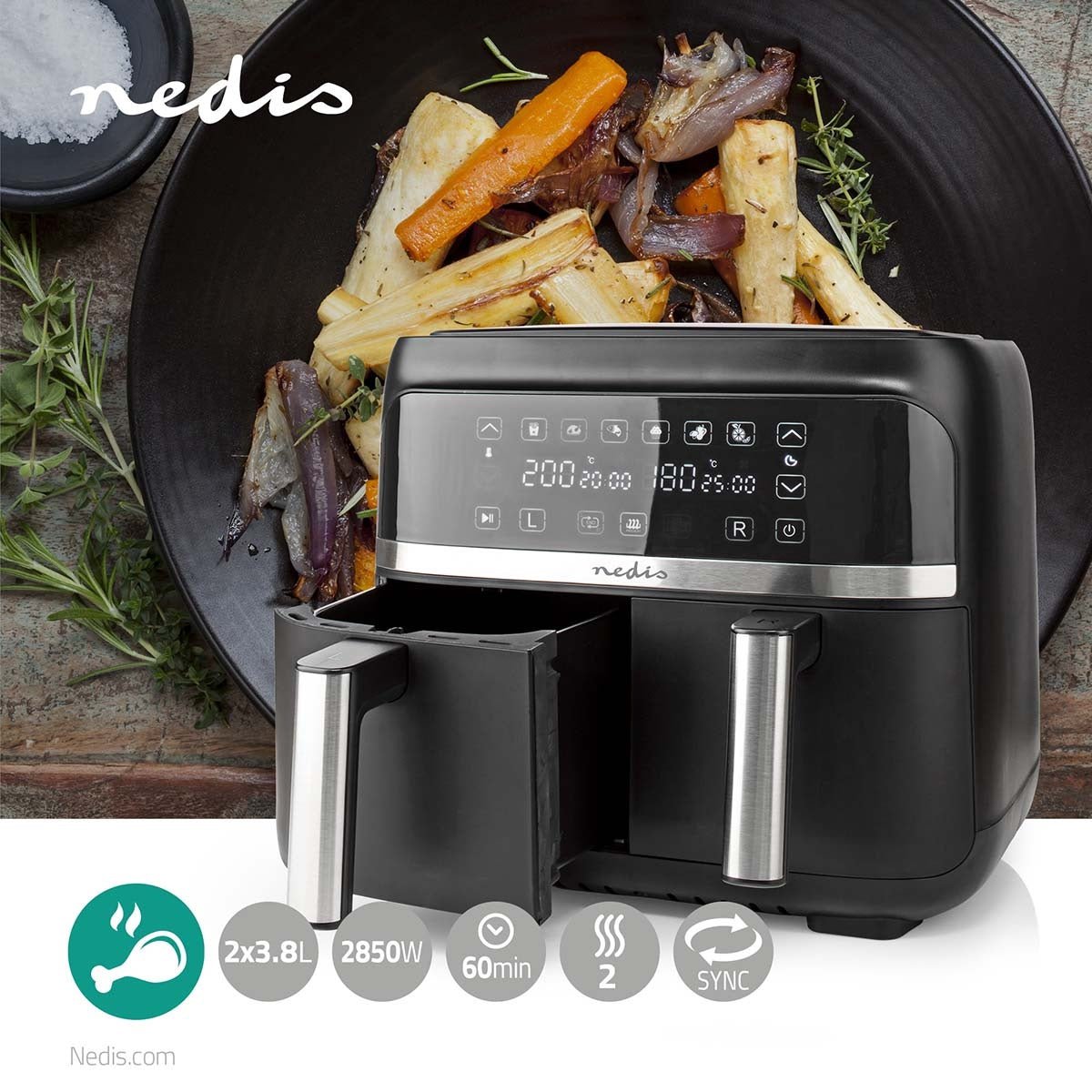 Nedis Digital Double Hot Air Fryer KAAFD350EBK - DEEP FAT FRYERS/ AIR FRYER - Beattys of Loughrea