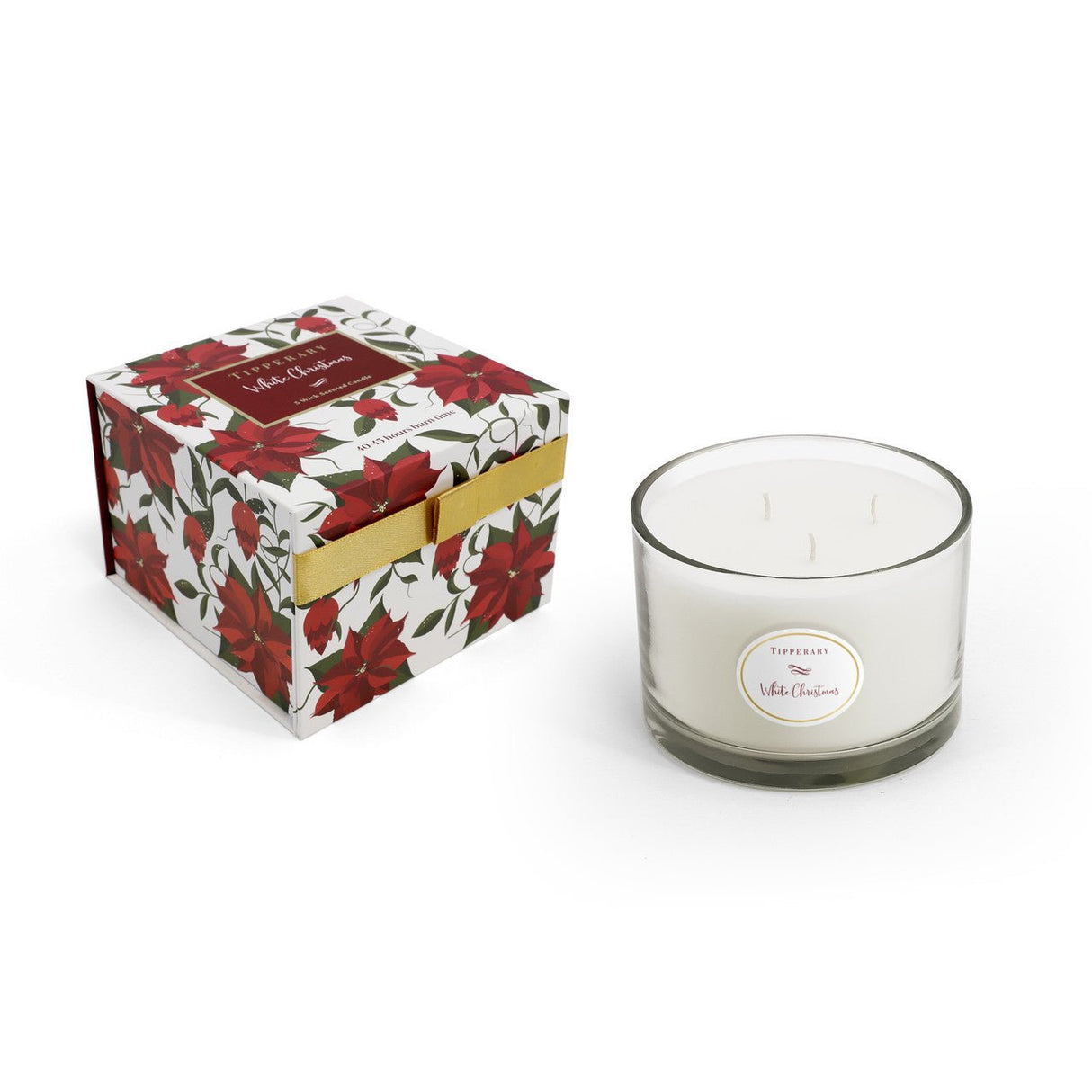 TIPPERARY CRYSTAL Poinsettia 3 Wick Candle - White Christmas - CANDLES - Beattys of Loughrea