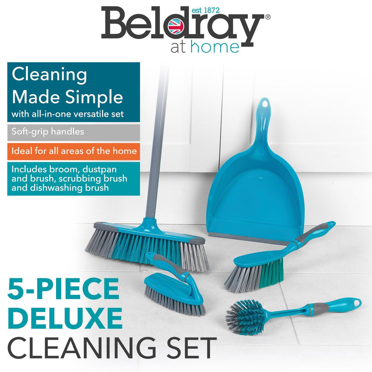 Beldray 5 Piece Cleaning Set Turquoise - CLEANING SWEEPNG BRUSH/BROOM/DUSTPAN - Beattys of Loughrea