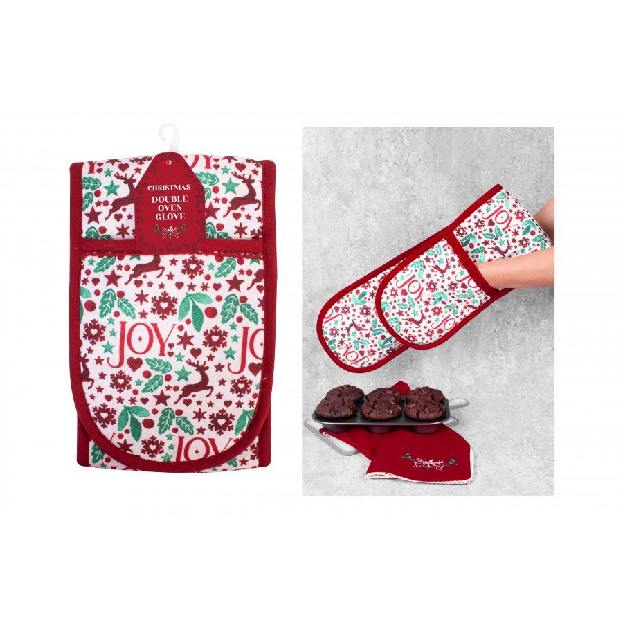 Christmas Joy Double Oven Glove 18x88cm - APRON/GLOVE/TEXTILE - Beattys of Loughrea