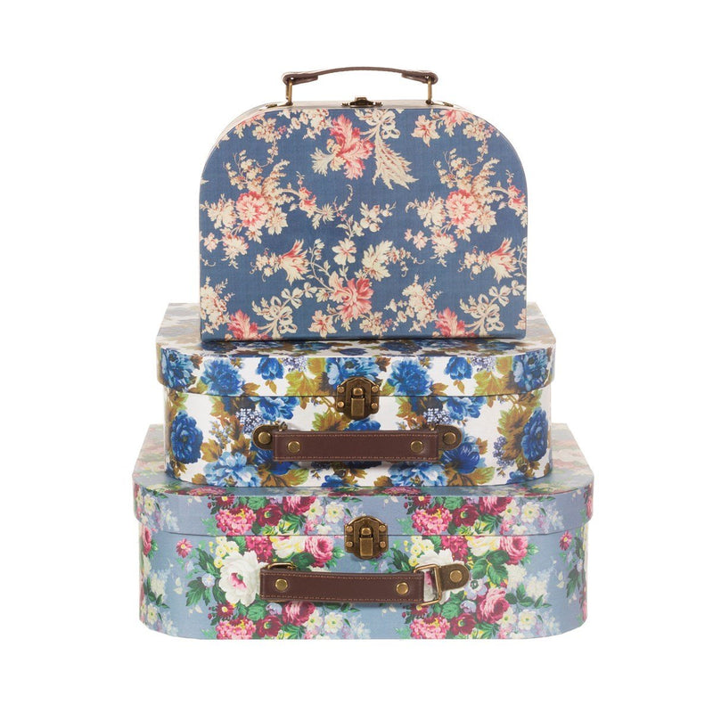 Delphine Blue Vintage Rose Mini Suitcases - Set Of 3 - ORNAMENTS - Beattys of Loughrea