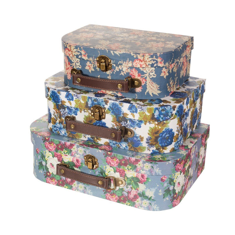 Delphine Blue Vintage Rose Mini Suitcases - Set Of 3 - ORNAMENTS - Beattys of Loughrea