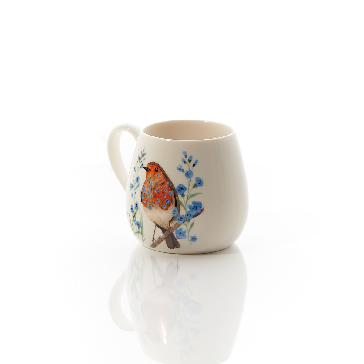 Robin Forget Me Not Mug White Stoneware With Floral Breast - MUG SETS - Beattys of Loughrea