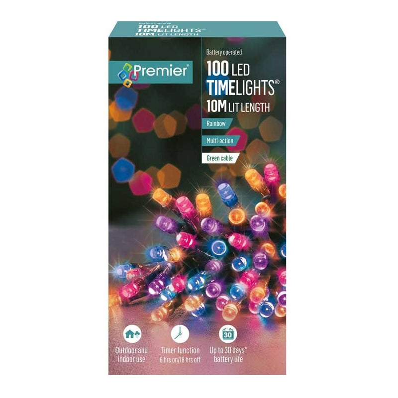 Premier 100 Multi-Action Battery Operated LED TIMELIGHTS with Timer – Rainbow Christmas Lights - XMAS BATTERY OPERATED LIGHTS - Beattys of Loughrea
