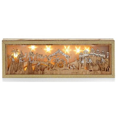 43cm Nativity Wood Scene with 10 Warm White LEDs Battery Operated - XMAS CERAMIC WOOD RESIN GLASS ORNAMENTS - Beattys of Loughrea