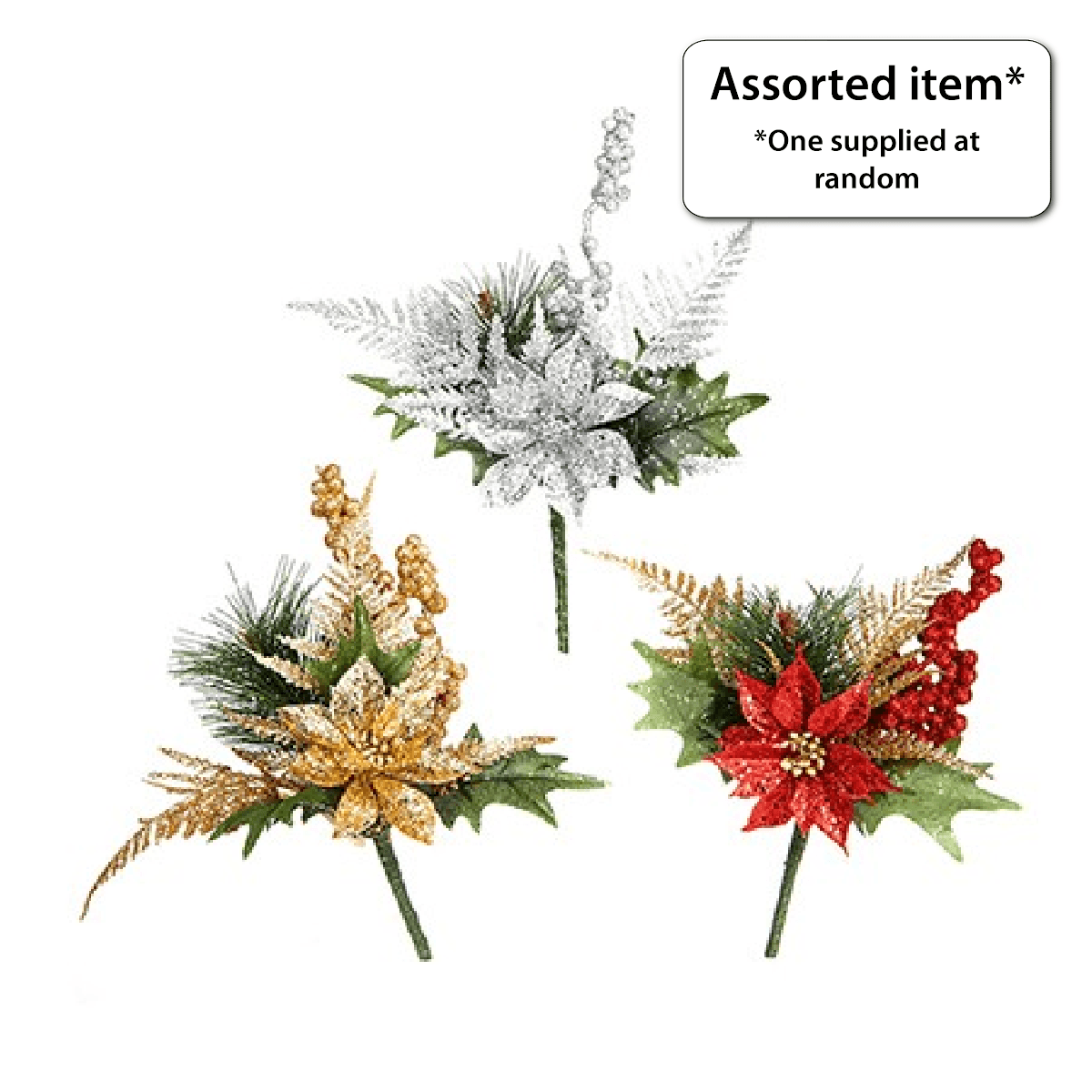 19cm Glitter Poinsettia Pick - One Supplied - XMAS PICKS - Beattys of Loughrea