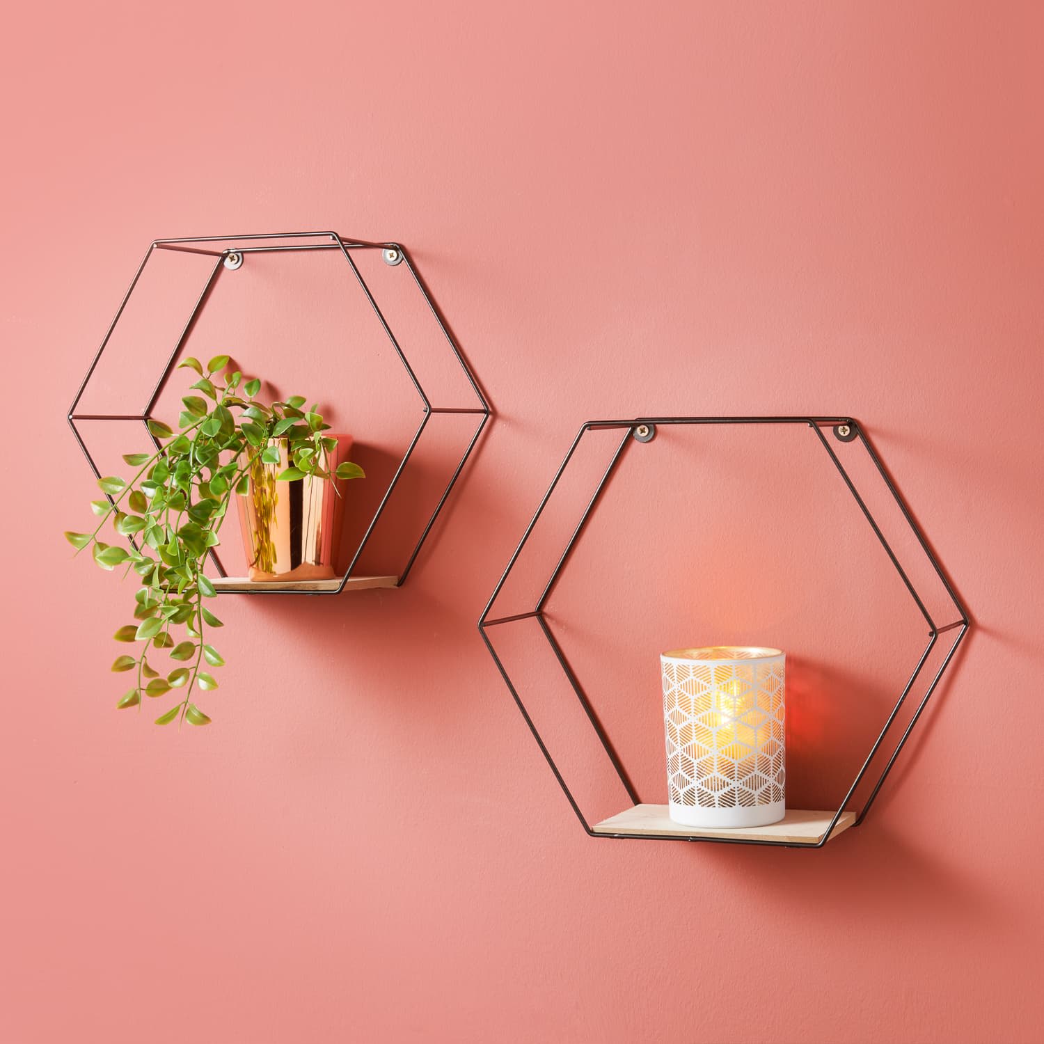 2pc Hexagonal Black Wall Shelves