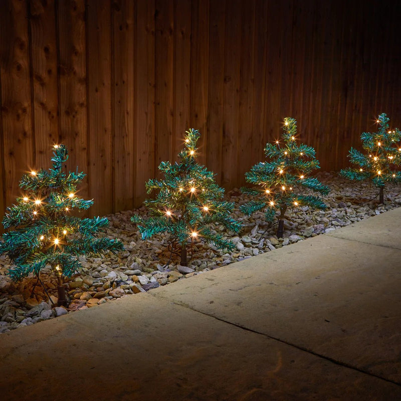 Set of 4 Fir Tree Warm White LED Stake Lights - XMAS LIGHTED OUTDOOR DECOS - Beattys of Loughrea