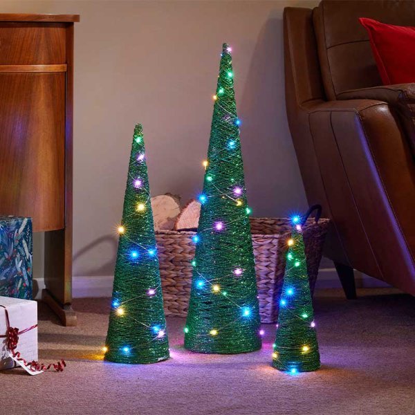 Set of 3 Glitter Trees - Green - XMAS ROOM DECORATION LARGE AND LIGHT UP - Beattys of Loughrea