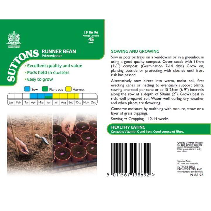 Suttons Runner Bean Prizewinner 198696 - SEED VEG & FLOWER - Beattys of Loughrea