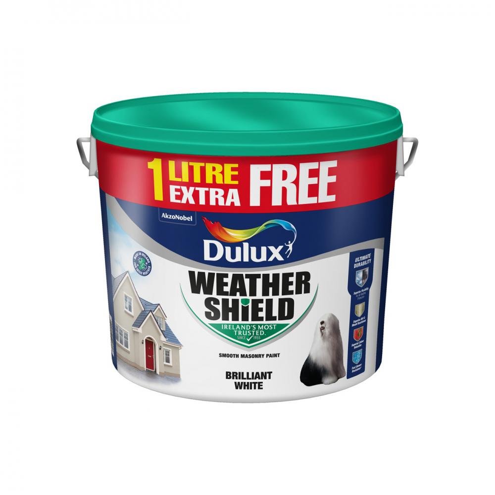 Dulux Weathershield Masonry Brilliant White - 11 Litre ( 10 Litre & 1 Litre Free) - WHITE EXTERIOR - Beattys of Loughrea