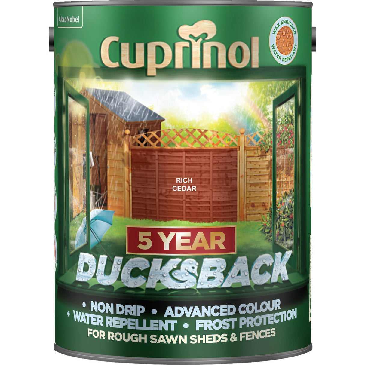 Cuprinol 5 Year Ducksback Wood Stain - 5 Litre Rich Cedar - VARNISHES / WOODCARE - Beattys of Loughrea