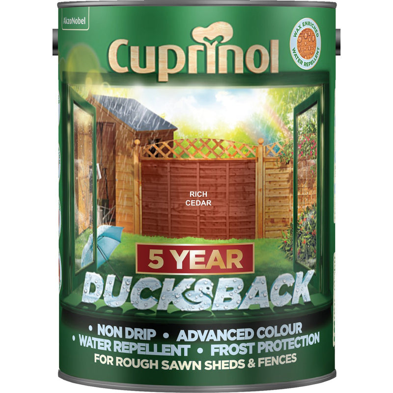 Cuprinol 5 Year Ducksback Wood Stain - 5 Litre Rich Cedar - VARNISHES / WOODCARE - Beattys of Loughrea