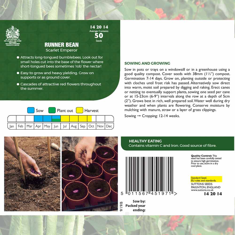 Suttons Runner Beanscarlet Emperor Pp - SEED VEG & FLOWER - Beattys of Loughrea