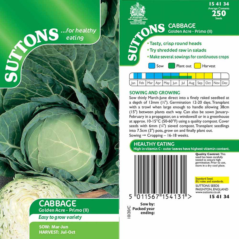 Suttons Cabbage Golden Acre Primo 2 154134 - SEED VEG & FLOWER - Beattys of Loughrea