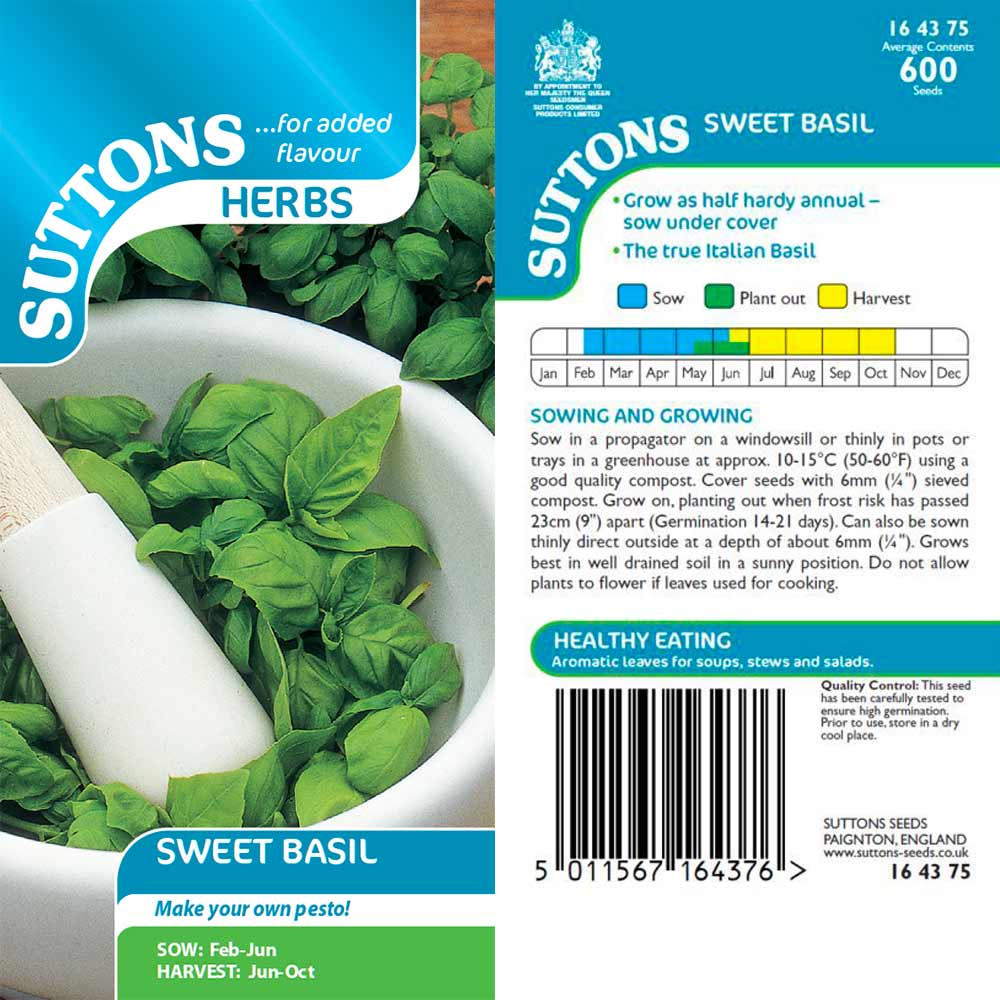 Suttons Herb Basil Sweet 164375 - SEED VEG & FLOWER - Beattys of Loughrea