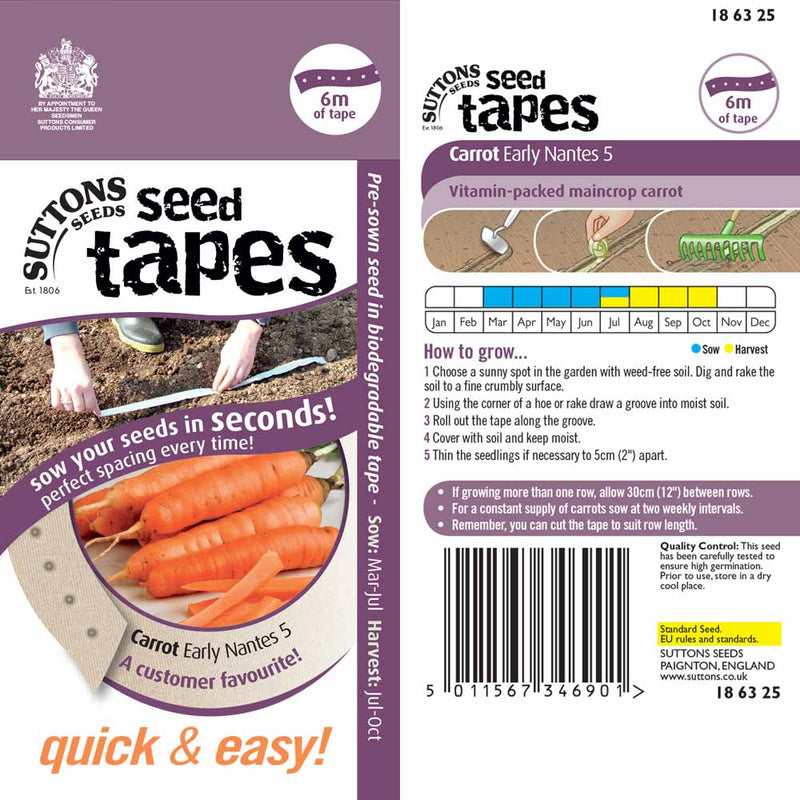 Suttons Seed Tape Carrot Early Nantes 186325 - SEED VEG & FLOWER - Beattys of Loughrea