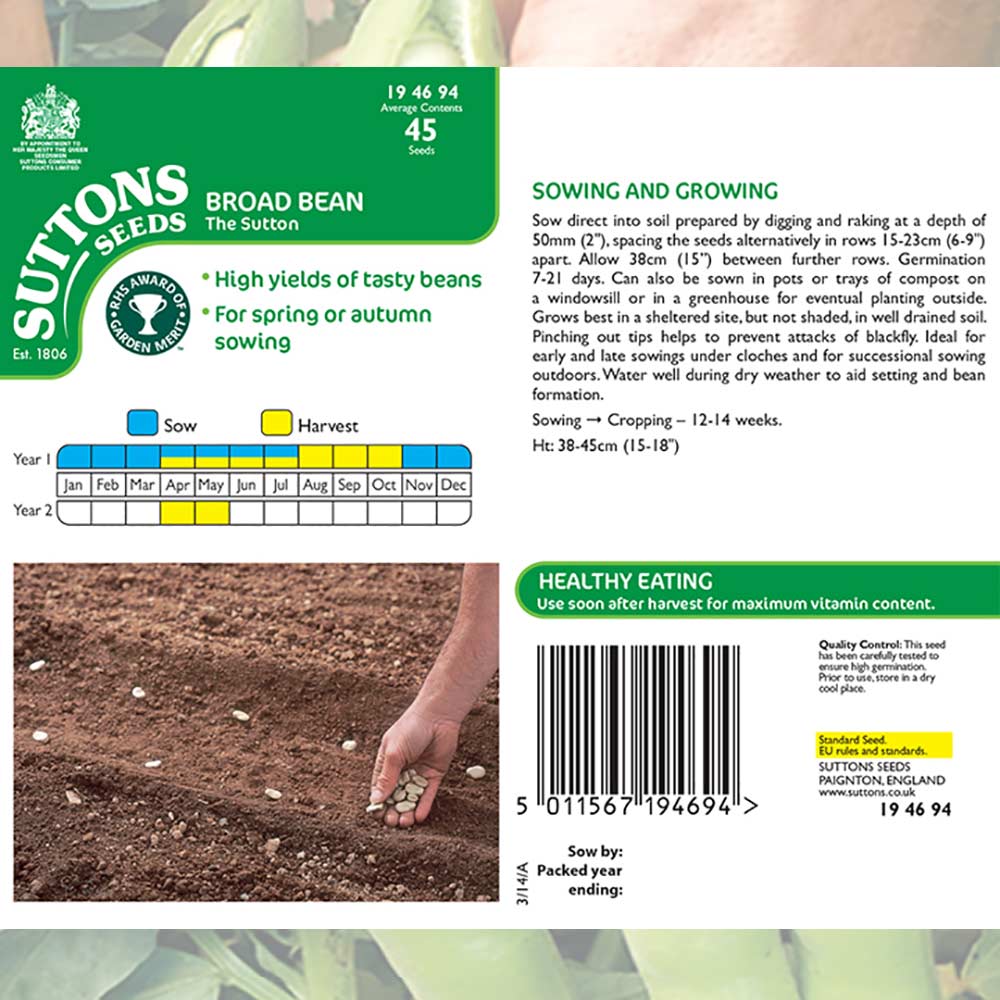 Suttons Broad Bean The Sutton Dwarf 194694 - SEED VEG & FLOWER - Beattys of Loughrea