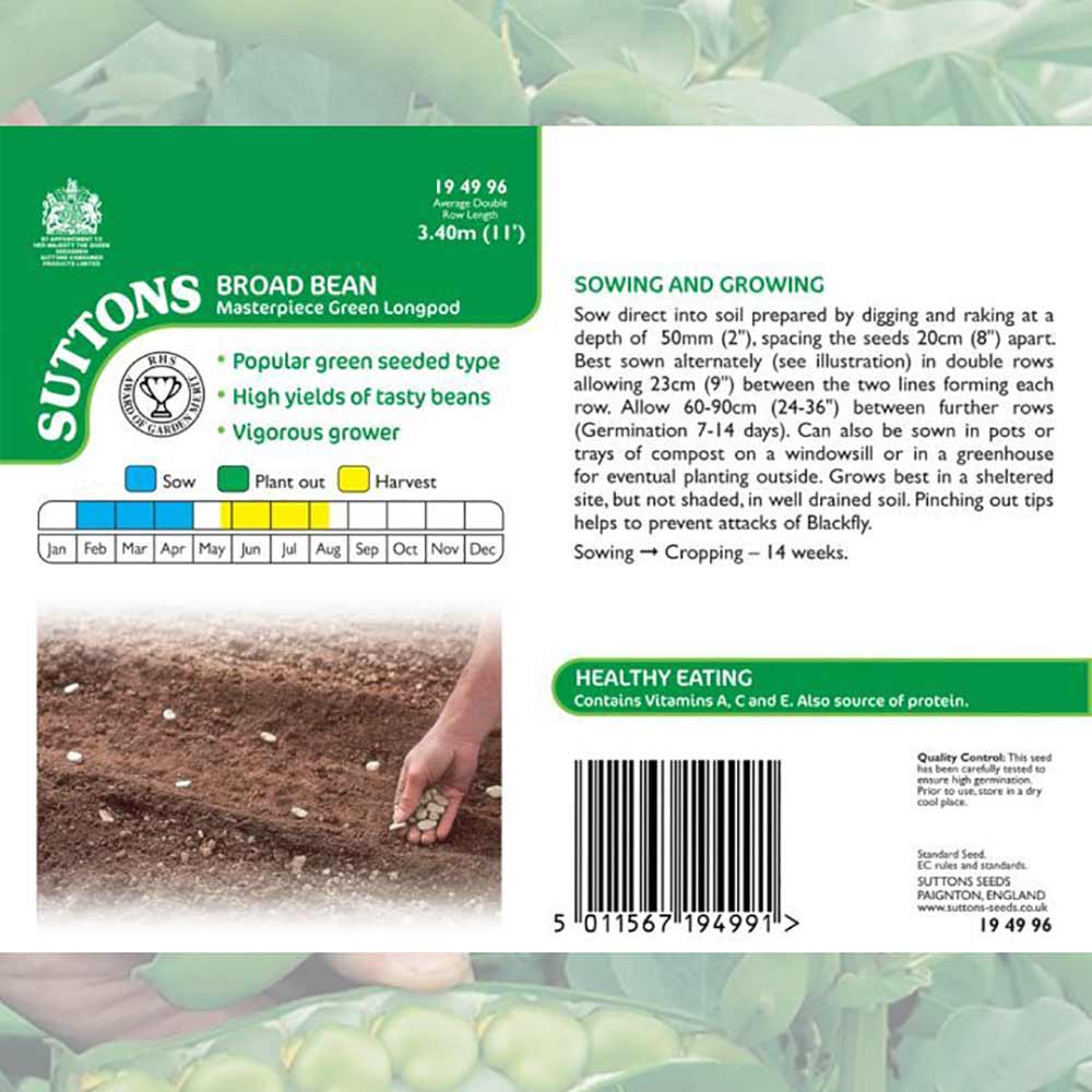 Suttons Broad Bean Masterpiece 194996 - SEED VEG & FLOWER - Beattys of Loughrea