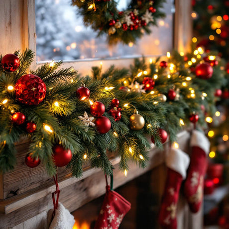 Christmas Garlands and lights over the mantle piece . The is a few hanging stockings also.