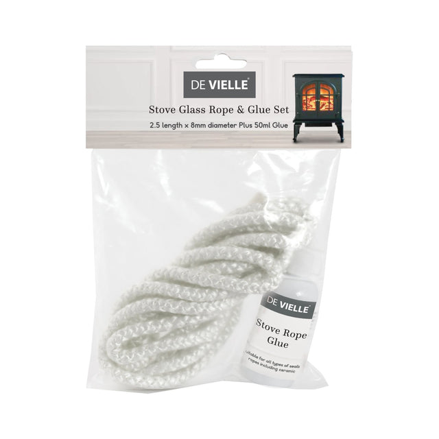 De Vielle Stove Glass Rope & Glue Set, 8mm x 2.5m, White