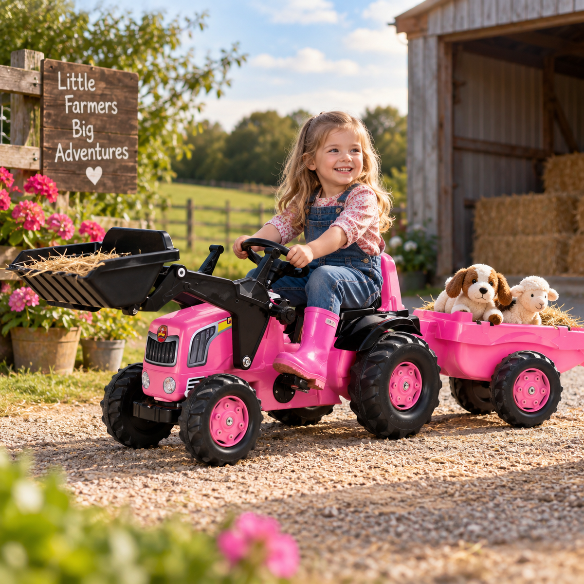 Rolly Kid Pink Pedal Tractor with Loader & Trailer - RIDE ON TRACTORS & ACCESSORIES - Beattys of Loughrea