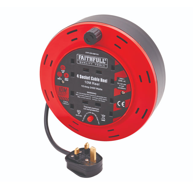 Faithfull 10m Cable Reel 10A, 4 Sockets - EXTENTION REELS - Beattys of Loughrea