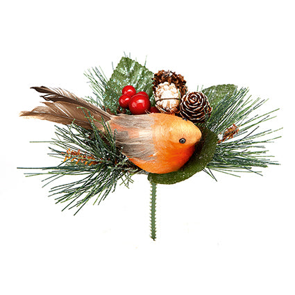 Premier Robin with Pine Cone Christmas Pick 15cm