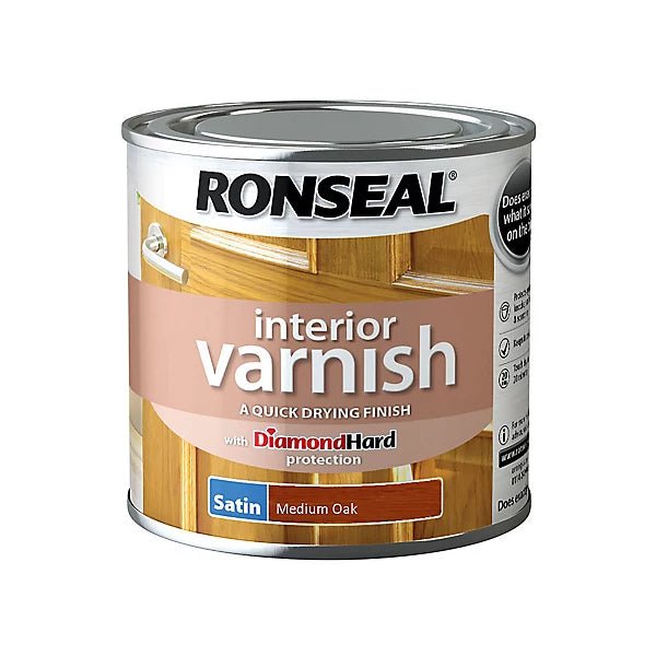 Ronseal Satin Interior Varnish - Medium Oak 250ML - VARNISHES / WOODCARE - Beattys of Loughrea