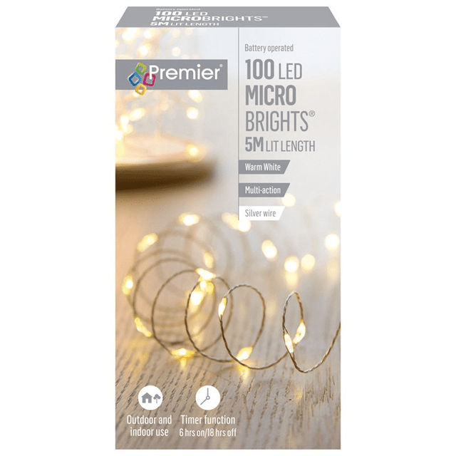 Premier Micro Brights Christmas Lights 100 Led Battery Operated Warm White - XMAS BATTERY OPERATED LIGHTS - Beattys of Loughrea