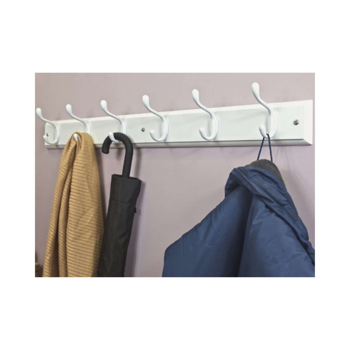 White on Whilte Hookrail - 6 Heavy Duty Hooks - HAT & COAT HOOK ON TIMBER - Beattys of Loughrea